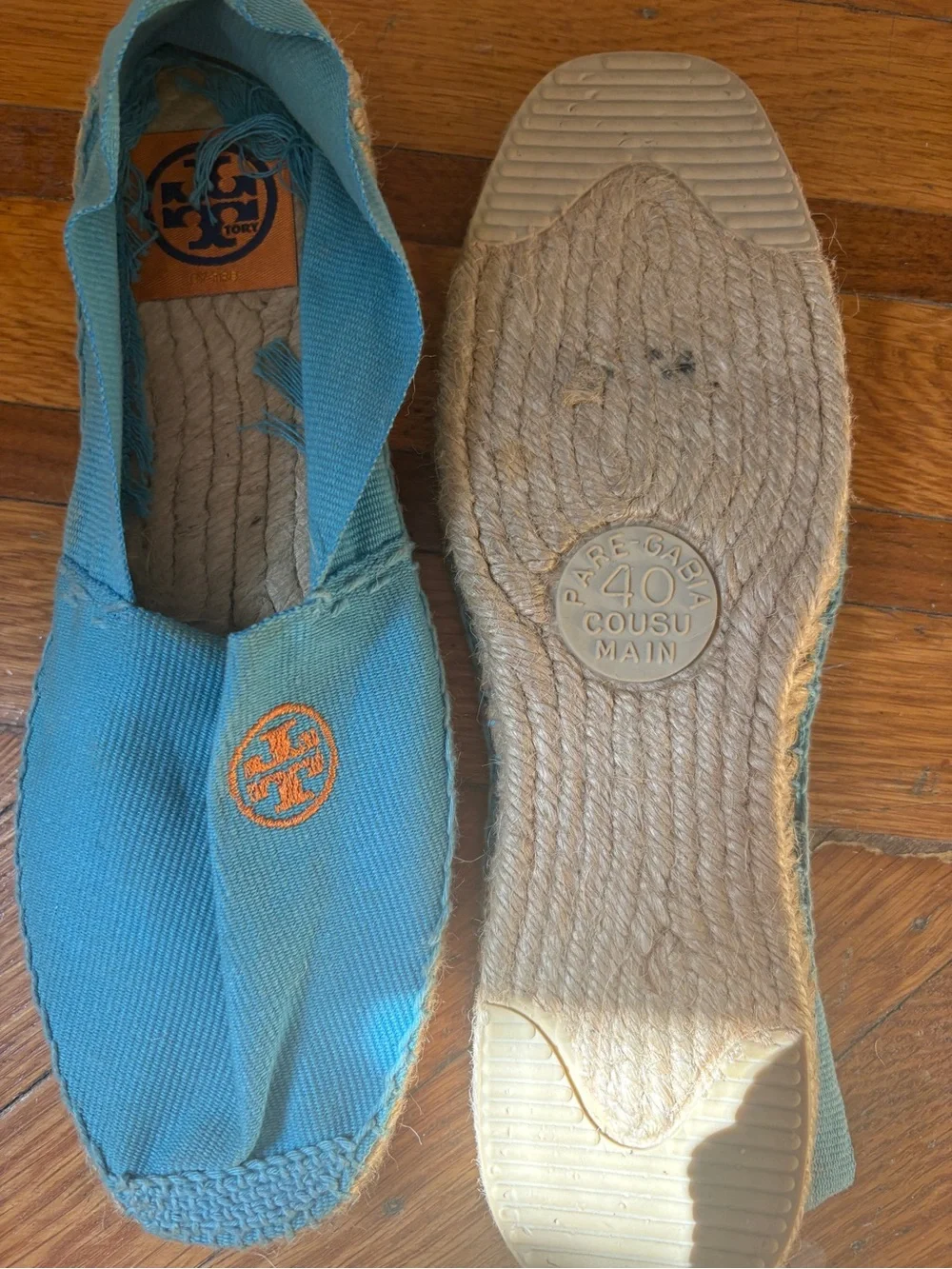 Tory Burch Turquoise Canvas Espadrilles with Orange Logo